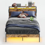 Annice Bed Frame Metal Platform Bed with Wood Storage Headboard LED Lights and Charging Station - Chic Decora