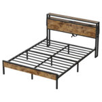 Annice Bed Frame Metal Platform Bed with Wood Storage Headboard LED Lights and Charging Station - Chic Decora