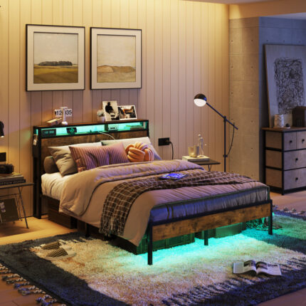 Annice Bed Frame Metal Platform Bed with Wood Storage Headboard LED Lights and Charging Station - Chic Decora