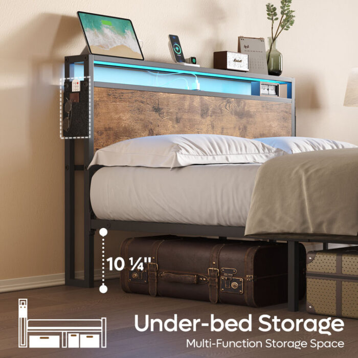 Annice Bed Frame Metal Platform Bed with Wood Storage Headboard LED Lights and Charging Station - Chic Decora