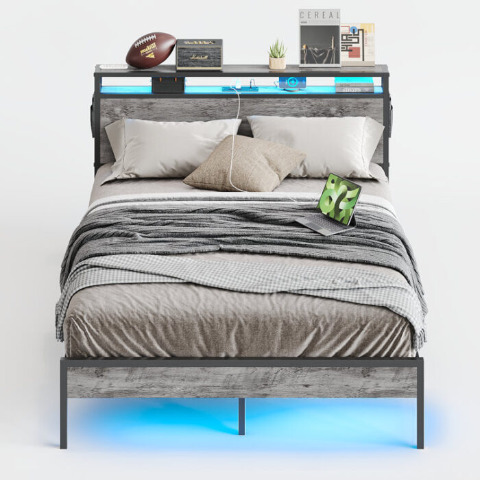 Annice Platform Bed Frame with LED Storage Headboard and Charging Stations - Chic Decora