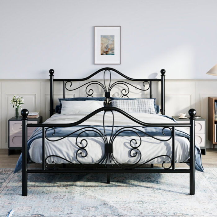 Anterrio Metal Open-Frame Bed with Butterfly Pattern Design Headboard and Footboard - Chic Decora