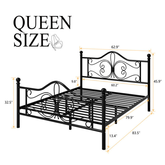 Anterrio Metal Open-Frame Bed with Butterfly Pattern Design Headboard and Footboard - Chic Decora