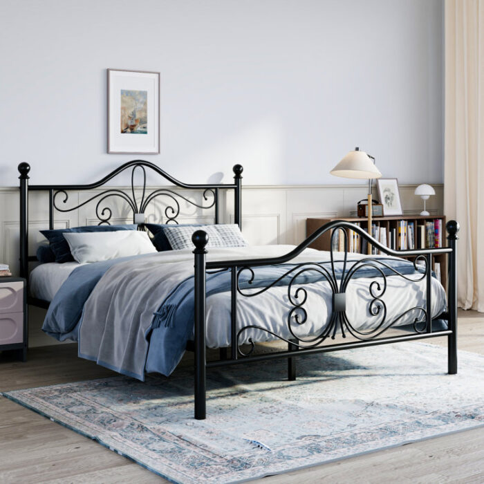 Anterrio Metal Open-Frame Bed with Butterfly Pattern Design Headboard and Footboard - Chic Decora