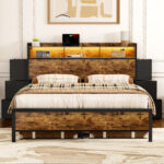 Antioch Bed Frame With Bookcase Headboard & 6 Storage Bedside Drawers, Storage Bed With Outlet & LED Light - Chic Decora