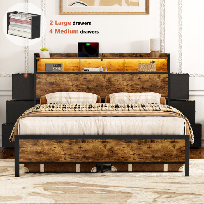 Antioch Bed Frame With Bookcase Headboard & 6 Storage Bedside Drawers, Storage Bed With Outlet & LED Light - Chic Decora