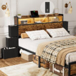 Antioch Bed Frame With Bookcase Headboard & 6 Storage Bedside Drawers, Storage Bed With Outlet & LED Light - Chic Decora