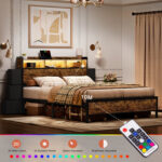 Antioch Bed Frame With Bookcase Headboard & 6 Storage Bedside Drawers, Storage Bed With Outlet & LED Light - Chic Decora