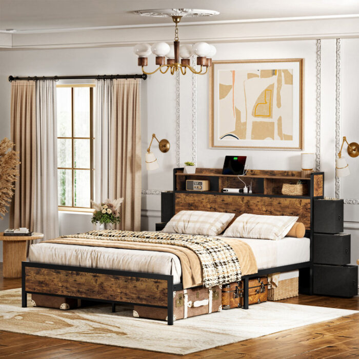 Antioch Bed Frame With Bookcase Headboard & 6 Storage Bedside Drawers, Storage Bed With Outlet & LED Light - Chic Decora