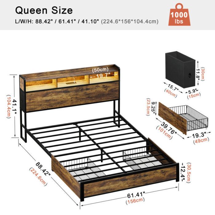 Antioch Bed Frame with 2 Underbed Drawers & 2 Bedside Drawers, Modern Bed with Charging Station & LED Light - Chic Decora