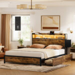 Antioch Bed Frame with 2 Underbed Drawers & 2 Bedside Drawers, Modern Bed with Charging Station & LED Light - Chic Decora