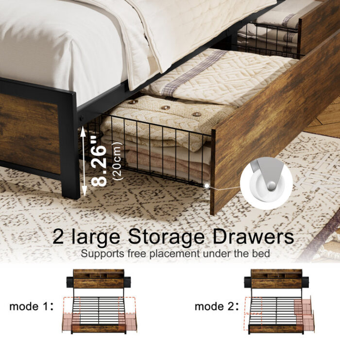 Antioch Bed Frame with 2 Underbed Drawers & 2 Bedside Drawers, Modern Bed with Charging Station & LED Light - Chic Decora