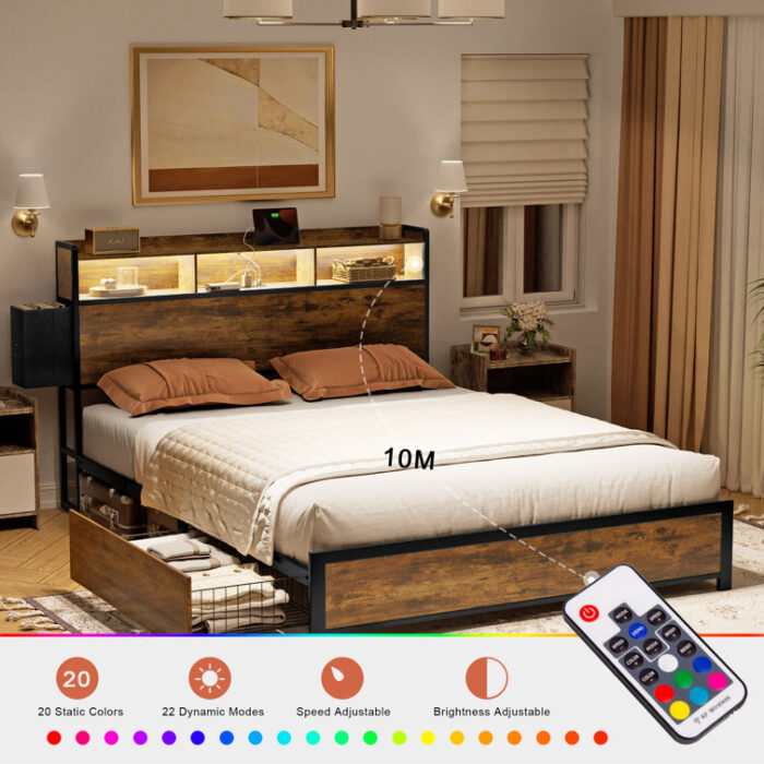 Antioch Bed Frame with 2 Underbed Drawers & 2 Bedside Drawers, Modern Bed with Charging Station & LED Light - Chic Decora