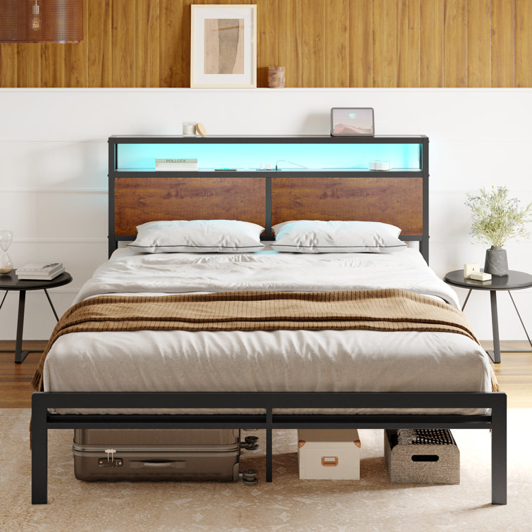 Antioch Bed Frame with LED Lights and USB Ports, Metal Frame with Headboard, Large Storage Space - Chic Decora