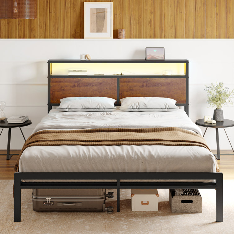 Antioch Bed Frame with LED Lights and USB Ports, Metal Frame with Headboard, Large Storage Space - Chic Decora