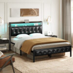 Antioch Bed Frame with USB Ports and LED Lights, Upholstered Bed with Storage Shelves, PU Leather Beds - Chic Decora