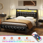 Antioch Bed Frame with USB Ports and LED Lights, Upholstered Bed with Storage Shelves, PU Leather Beds - Chic Decora