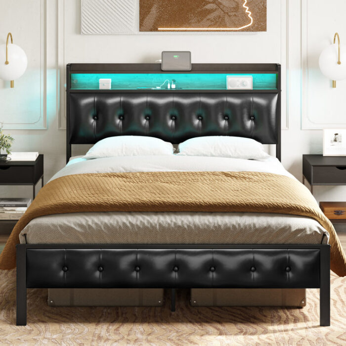 Antioch Bed Frame with USB Ports and LED Lights, Upholstered Bed with Storage Shelves, PU Leather Beds - Chic Decora