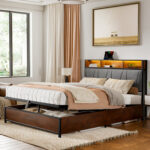 Antioch Lift Up Storage Bed Frame with LED Light & Outlet, Upholstered Bed with Storage Headboard - Chic Decora