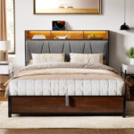 Antioch Lift Up Storage Bed Frame with LED Light & Outlet, Upholstered Bed with Storage Headboard - Chic Decora