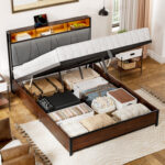 Antioch Lift Up Storage Bed Frame with LED Light & Outlet, Upholstered Bed with Storage Headboard - Chic Decora