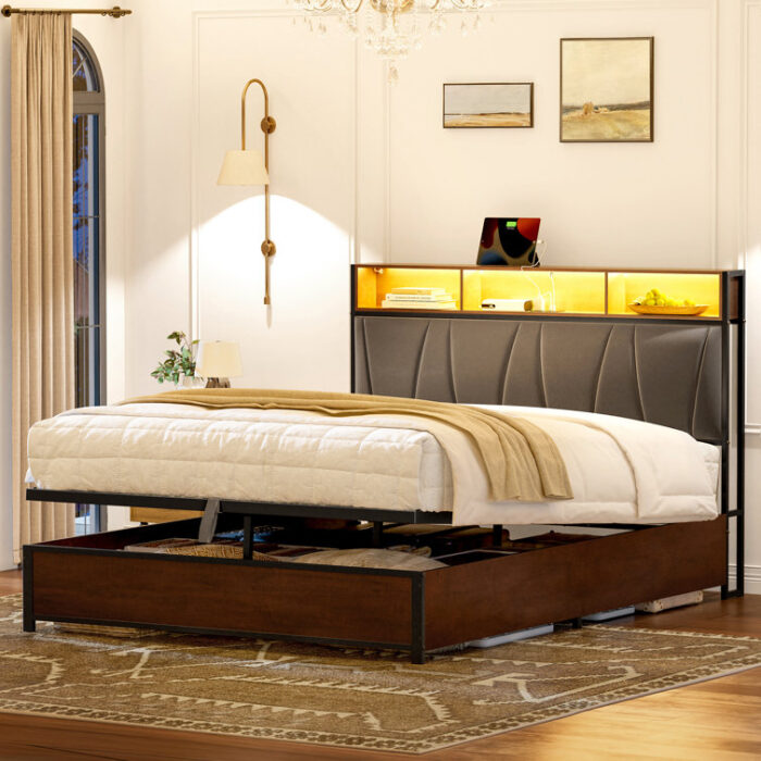 Antioch Lift Up Storage Bed Frame with LED Light & Outlet, Upholstered Bed with Storage Headboard - Chic Decora