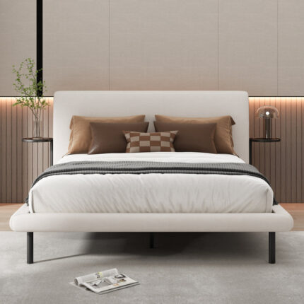 Arcola Upholstered Platform Bed with Side Tray - Chic Decora