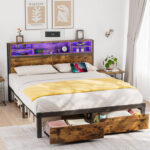 Arkie Bookcase Storage Bed, Metal Platform Bed Frame with Led Headboard and 2 Storage Drawers - Chic Decora