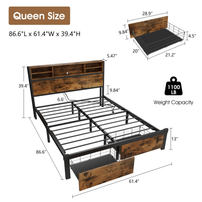 Arkie Bookcase Storage Bed, Metal Platform Bed Frame with Led Headboard and 2 Storage Drawers - Chic Decora