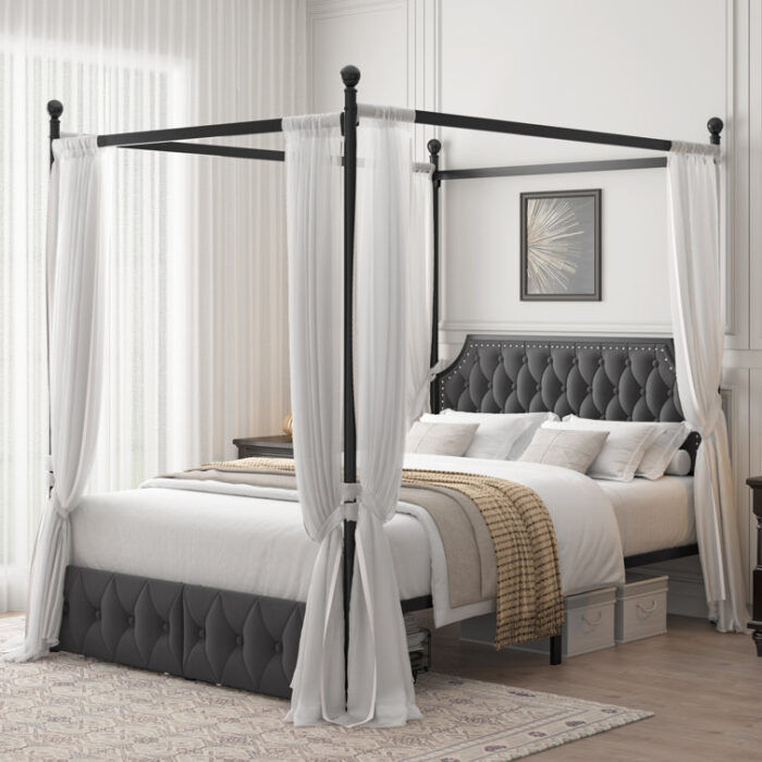 Artevious Upholstered Metal Canopy Storage Bed - Chic Decora