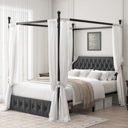 Artevious Upholstered Metal Canopy Storage Bed - Chic Decora