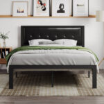 Jashod Bed Frame Upholstered Low Profile Platform Bed with Tufted Faux Leather Headboard - Chic Decora