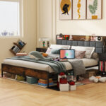 Ashwaq Upholstered Metal Bookcase Storage Bed - Chic Decora