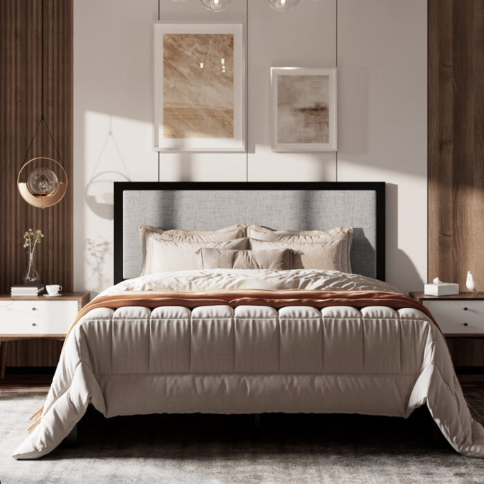 Ataman Metal Platform Bed With Simple Upholstered Headboard - Chic Decora