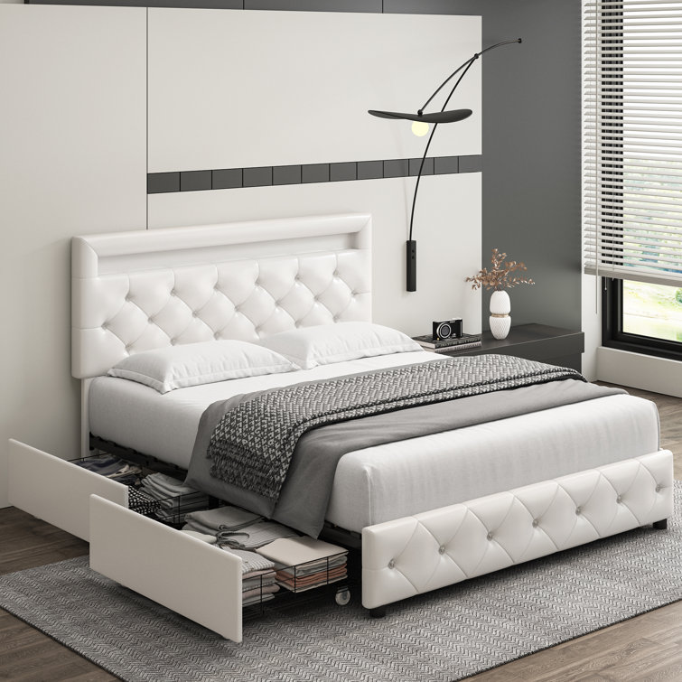 Atrayu Upholstered LED Platform Bed with 4 Storage Drawers - Chic Decora