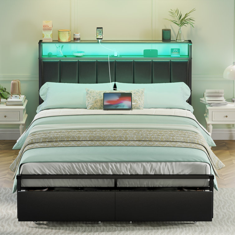 Aydin LED Bed Frame with Drawers with Charging Station - Chic Decora