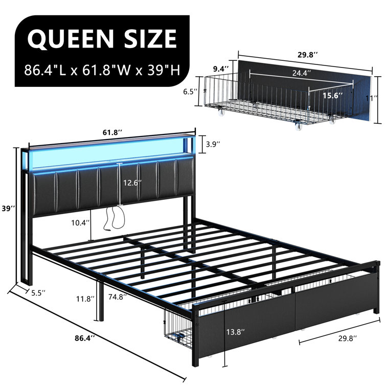 Aydin LED Bed Frame with Drawers with Charging Station - Chic Decora