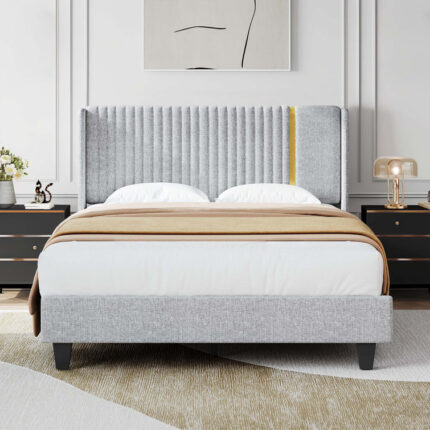 Barba Linen UpholsteredPlatform Bed Frame with Headboard & Wingback, No Box Spring Needed - Chic Decora