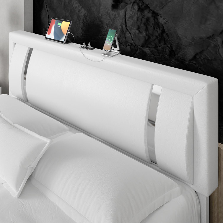 Barbuto PU Low Profile Storage Bed Frame with Lighted Headboard, USB Ports and 2 Drawers - Chic Decora