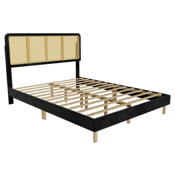 Bay Isle Home„ Bed Frame With Adjustable Rattan Headboard, Boho Platform Bed Frame With Sturdy Slats Support, No Box Spring Needed, Black - Chic Decora