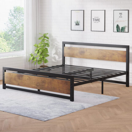 Bed Frame, Industrial Platform Bed With Headboard Footboard, Metal And Wooden Bed Frame, Heavy Duty Steel Slats Support, No Box Spring Needed Non-Slip Noise Free, Rustic Brown - Chic Decora