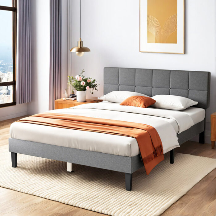 Bed Frame Upholstered Platform with Adjust Headboard and Strong, No Box Spring Needed - Chic Decora