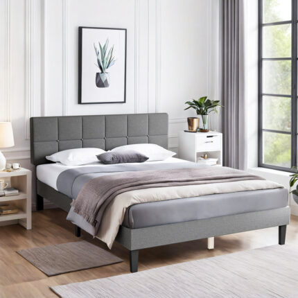 Bed Frame Upholstered Platform with Adjust Headboard and Strong, No Box Spring Needed - Chic Decora