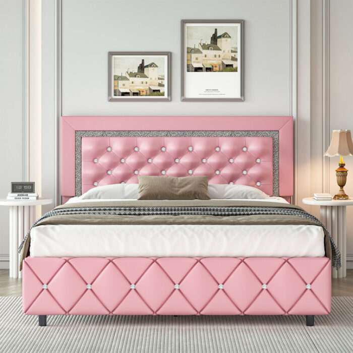 Bed Frame With Diamond Button Tufted Headboard - Chic Decora