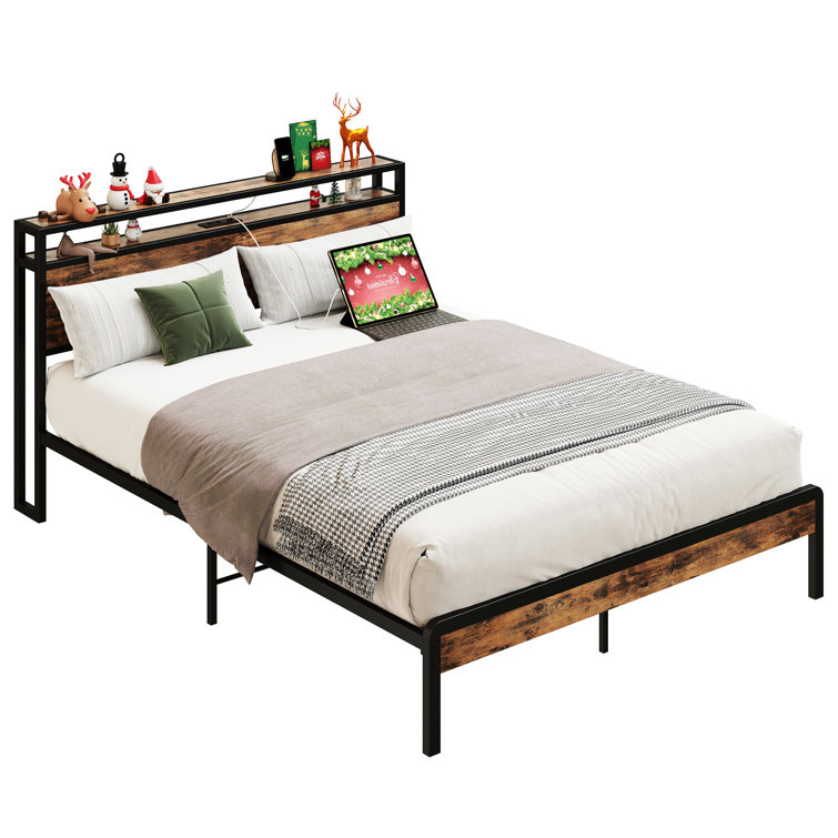 Bed Frame with 2-Tier Storage Headboard and Power Outlets - Chic Decora