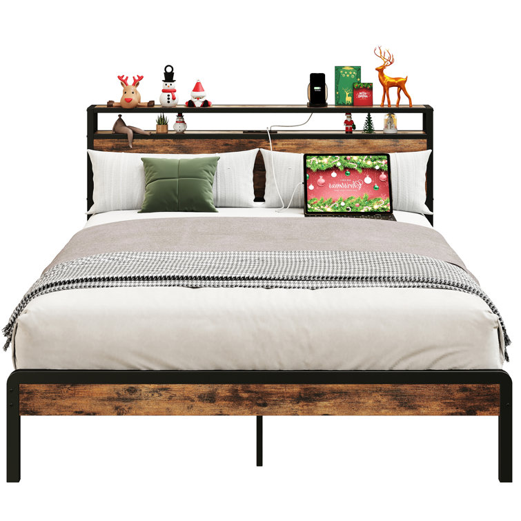 Bed Frame with 2-Tier Storage Headboard and Power Outlets - Chic Decora