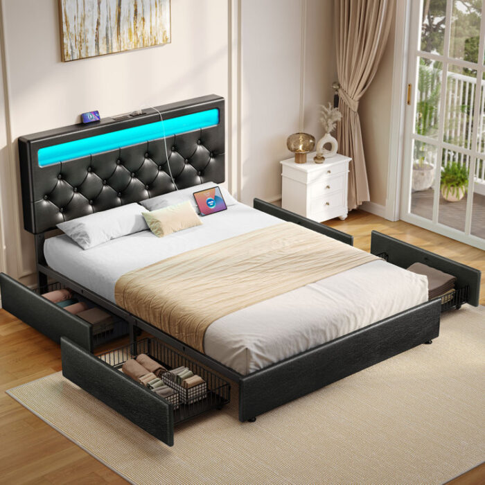 Bed Frame with Adjustable Headboard & 4 Drawers, Upholstered Bed with Power Outlets & RGB LED Lights - Chic Decora