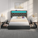 Bed Frame with Adjustable Headboard & 4 Drawers, Upholstered Bed with Power Outlets & RGB LED Lights - Chic Decora