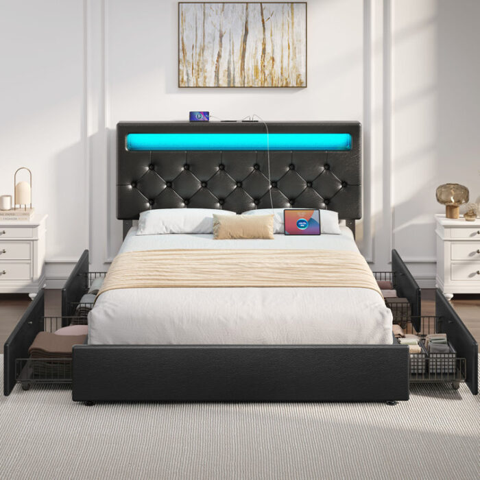 Bed Frame with Adjustable Headboard & 4 Drawers, Upholstered Bed with Power Outlets & RGB LED Lights - Chic Decora