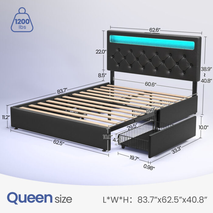 Bed Frame with Adjustable Headboard & 4 Drawers, Upholstered Bed with Power Outlets & RGB LED Lights - Chic Decora